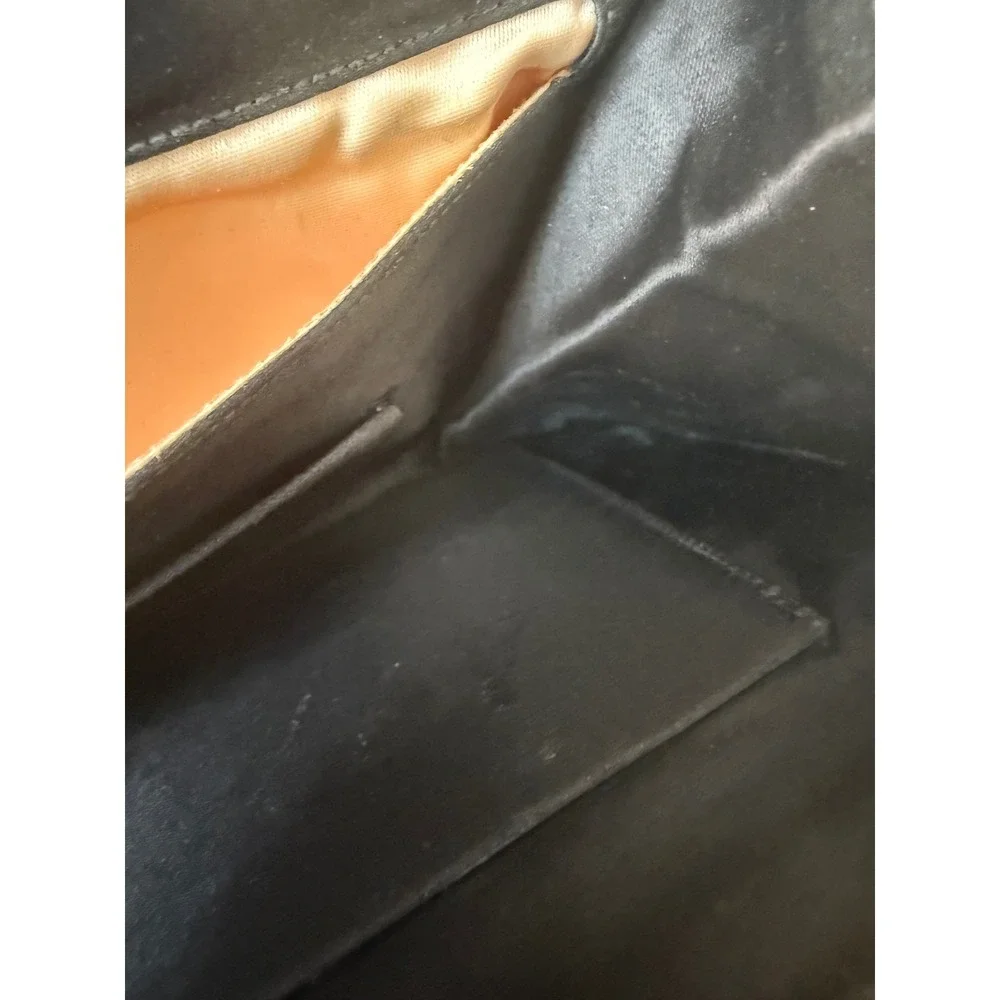 Lederer de Paris Vintage Black Pleated Silk Envelope Clutch Brown Leather Trim